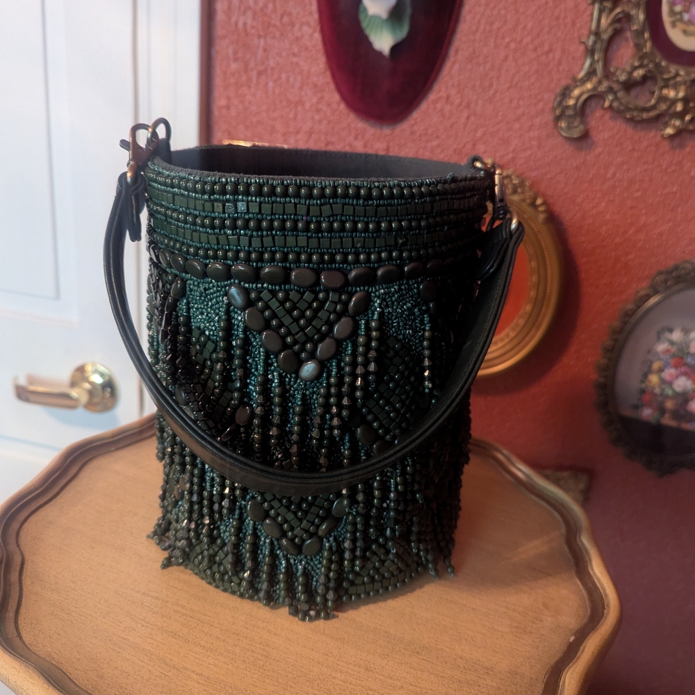 Elegant And Unique Beaded Emerald Bucket Bag